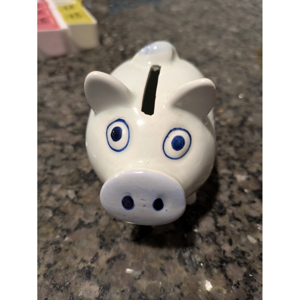 Vintage Ceramic Souvenir of Bermuda Mini Piggy Bank White Blue 3x3.5